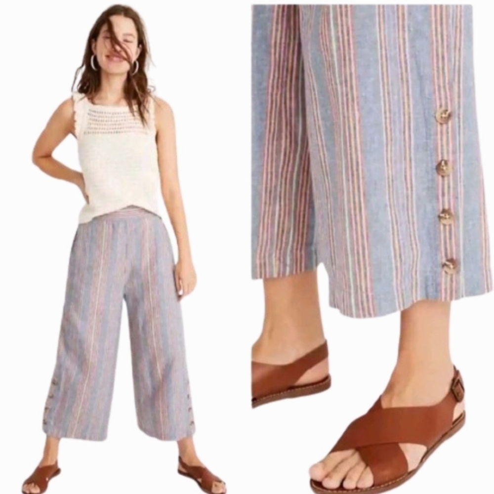 Madewell Pants Small Blue Linen Side-Button Huston Pull-On Crop Rainbow Striped‎